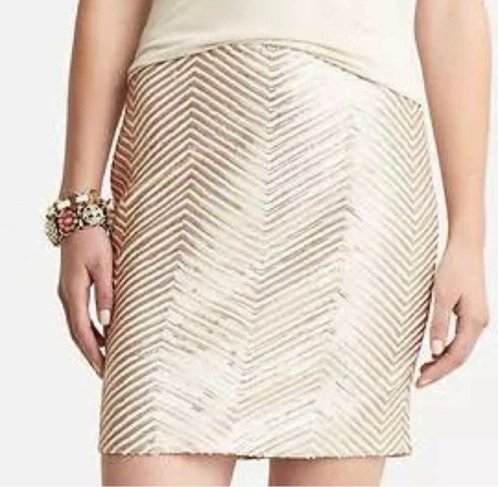 Banana Republic Gold White Sequin Chevron Evening Mini Party Pencil Skirt Sz 8P